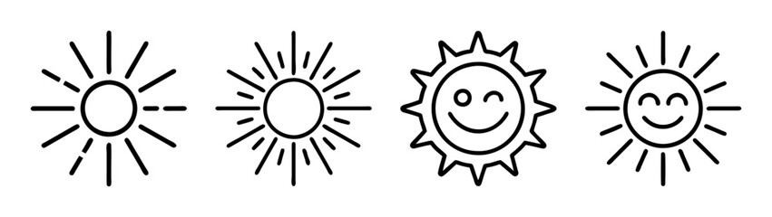 Vector sun illustration set with different sun shapes and happy faces for graphic design use cases