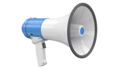 Blue and white megaphone PNG isolated on transparent background, loudspeaker bullhorn for announcements and communication needs