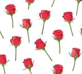 Naklejka premium Seamless pattern with small red rose buds on stems, romantic floral vector flat illustration background textile