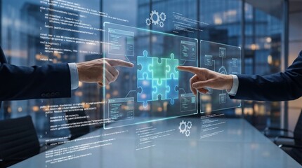 Collaborative business interaction hands engaged in problem-solving corporate office digital interface contemporary environment close-up perspective