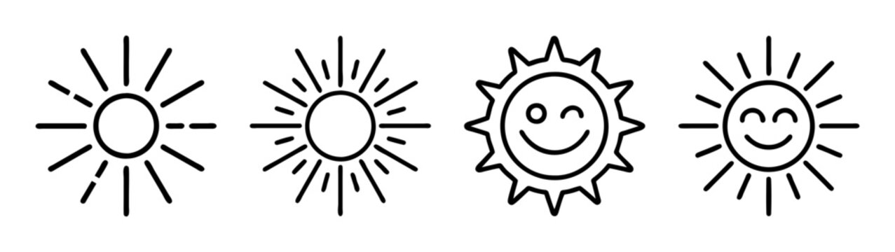Vector sun illustration set with different sun shapes and happy faces for graphic design use cases
