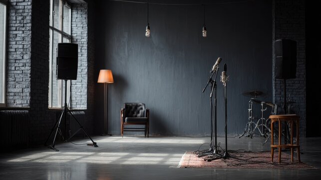 Empty contemporary minimalistic recording studio stage with microphones and instruments