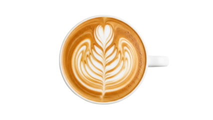 Latte art in a white cup isolated on transparent background, coffee drink with beautiful foam pattern for cafe menu and social media