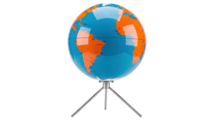 Blue and orange globe isolated PNG, world map on stand for geography education and travel planning, on transparent background