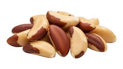Pile of Brazil nuts isolated PNG on transparent background, nutritious and delicious snack for healthy eating and culinary use