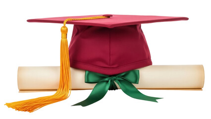 Burgundy graduation cap with gold tassel and diploma isolated PNG, academic achievement and higher education for graduation ceremony
