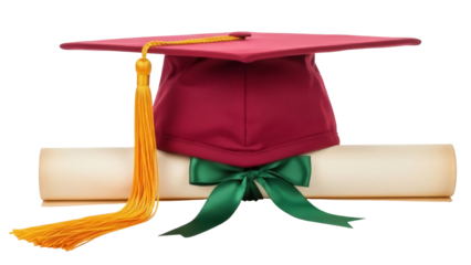 Burgundy graduation cap with gold tassel and diploma isolated PNG, academic achievement and higher education for graduation ceremony
