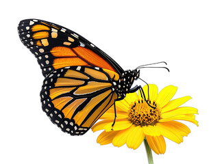 Obraz premium Monarch butterfly perched on a yellow flower against a transparent backdrop