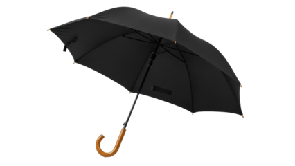 Elegant black umbrella isolated PNG on transparent background, classic rain protection accessory for weather and fashion use