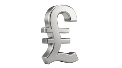 Silver pound sterling sign isolated PNG, currency symbol for finance, banking, and international business on transparent background