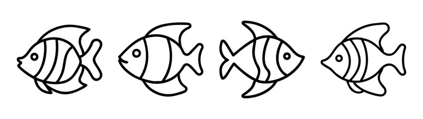 Four fish outline vector illustration, ocean life drawing, sea animals coloring page, marine fauna art