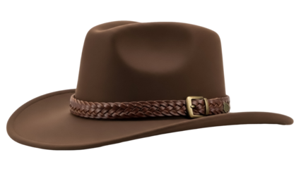 Brown fedora hat PNG isolated on transparent background, classic headwear with braided band and buckle for fashion and outdoor adventures