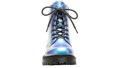 Iridescent blue combat boot isolated PNG, shiny lace-up footwear for fashion and style, on transparent background
