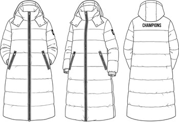 Long puffer winter coat technical fashion sketch with front and back views, hooded jacket outline vector illustration © MdShakil
