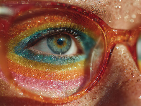 Auge mit Regenbogenfarben und Farbstruktur &ndash; kreative Nahaufnahme