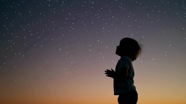 Silhouette of Small Child with Hands Together Looking Up, Praying Faith and Hope Concept in Peaceful Lighting, 4K Video Footage