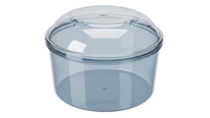 Transparent plastic container with lid isolated PNG, food storage container for kitchen organization and pantry use, clear round box