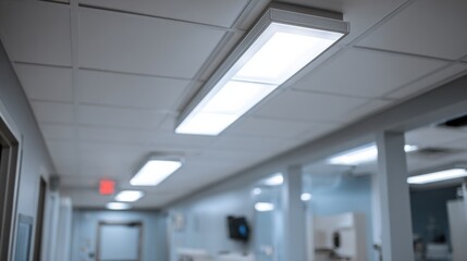 Medium shot showing LED retrofit lighting illuminating a medical examination area focusing on sleek fixtures with patient room elements blurred beyond.