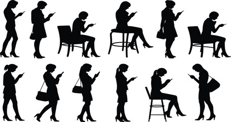 Obraz premium Professional women using smartphones silhouette set in various poses, social media communication vector flat illustration collection