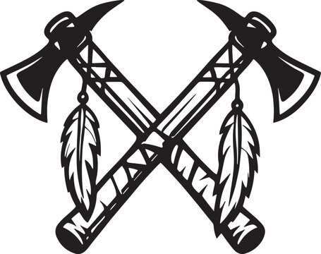 Two crossed tomahawks with feathers, Native American symbol, black and white vector