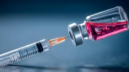 A syringe is being used to inject a liquid into a glass bottle