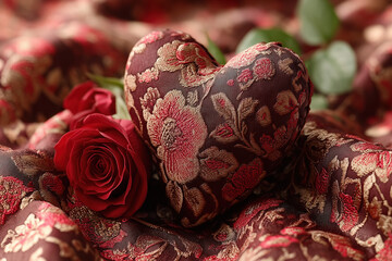 celebrate mothers valentines day wedding with heart shaped small cushion with red rose, fabric background, love, passion, romance, romantic, photorealistic