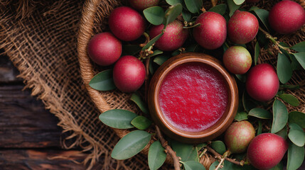 photo realistic style top view of fresh red plum puree in wooden bowl surrounded by ripe plums and green leaves rustic food background