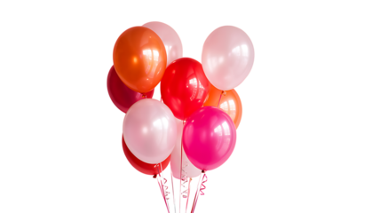 A cluster of solid color balloons in red pink and orange against a transparent background party celebration