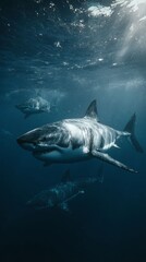 Fototapeta premium Great white sharks swimming underwater in deep blue ocean. Predatory marine animal hunting. Dangerous wildlife concept.