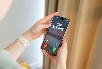 The girl receives a call from a car repair shop. Car repairs, fluid and component replacement. Season preparation. Vehicle maintenance planning, service reminders and safety readiness