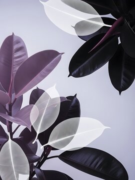 Ficus Elastica Leaves Dark Purple and White Overlay Botanical Abstract.