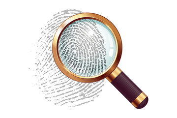 Magnifying glass analyzing binary code on fingerprint for digital forensics and cyber security, biometric data search concept on transparent background