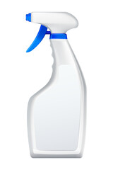 White plastic spray bottle mockup isolated with blue trigger for cleaning product packaging, sanitary hygiene vibe, vector illustration transparent background