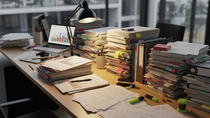 Cluttered office desk with stacks of papers and laptop.