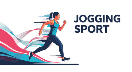 Obraz premium Determined woman in athletic wear is jogging with speed and energy against a dynamic background of colorful abstract lines and shapes.