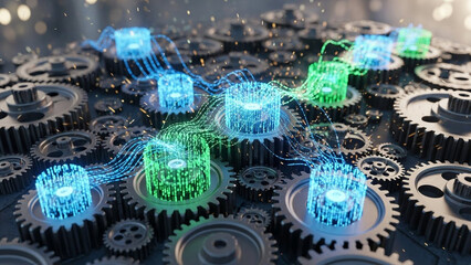 Abstract Digital Network Connecting Gears and Cogs.