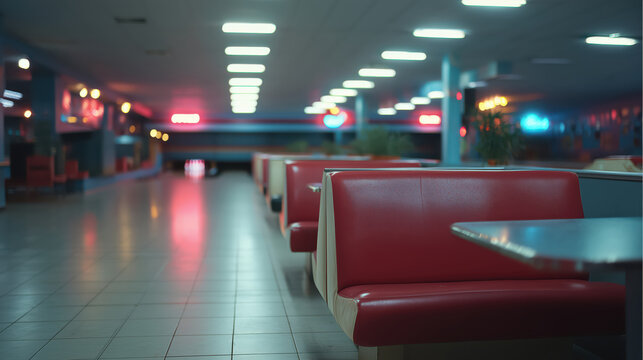 Empty bowling alley interior showcasing a long line of red diner style booths and tables, with the bowling lanes visible in the background under ambient neon and fluorescent lighting