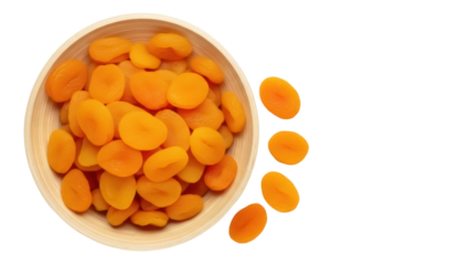 Dried apricots in wooden bowl isolated PNG, healthy snack food rich in vitamins and fiber, natural source of energy for athletes and active people