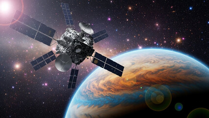 Advanced Satellite Orbiting Earth in Outer Space with Stars.