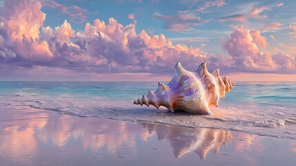 Beautiful seaside scene features a large conch shell on a sandy beach at sunset