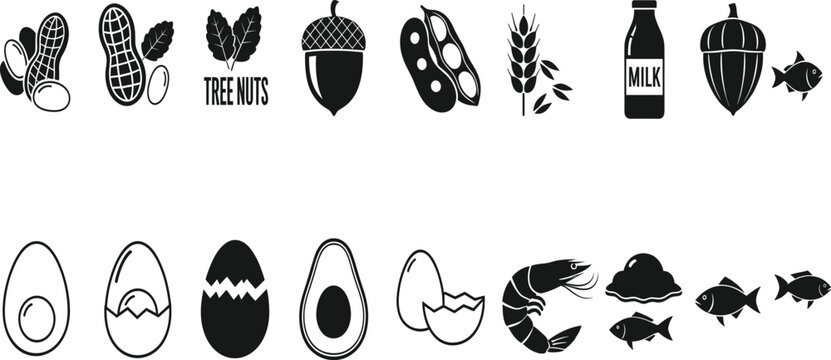 Food allergy and dietary icons set with nuts, milk, eggs, seafood, and grains, black silhouette vector illustration