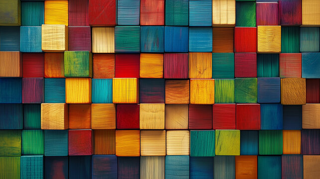 Colorful wooden blocks aligned. Wide format. back drop wall paper ai generated