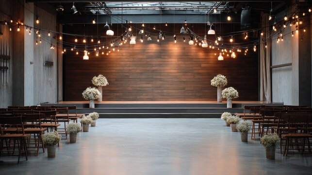 Contemporary empty wedding venue with romantic string lights and floral decor