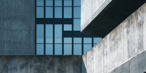 Brutalist concrete architecture with blue glass window grid