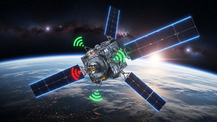 Advanced Satellite in Orbit Transmitting Data Over Earth.