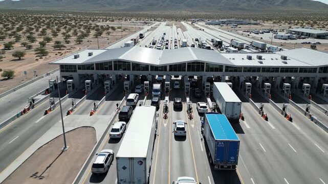 Aerial view of a busy border checkpoint