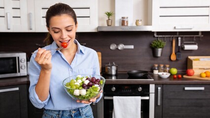 Woman eating salad in kitchen