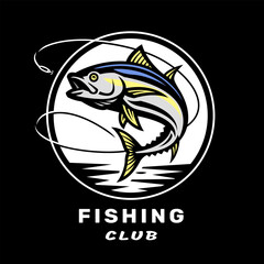 Fishing club logo with an image of a tuna on dark background on dark background.