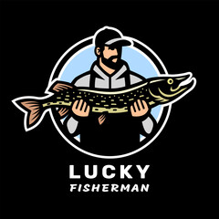Lucky fisherman. Logo of a fisherman with a pike on dark background.