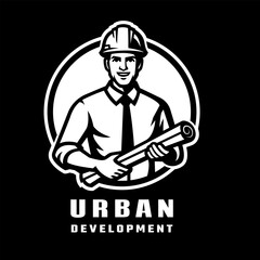 Urban construction logo. A man in a hard hat holding blueprints on dark background.